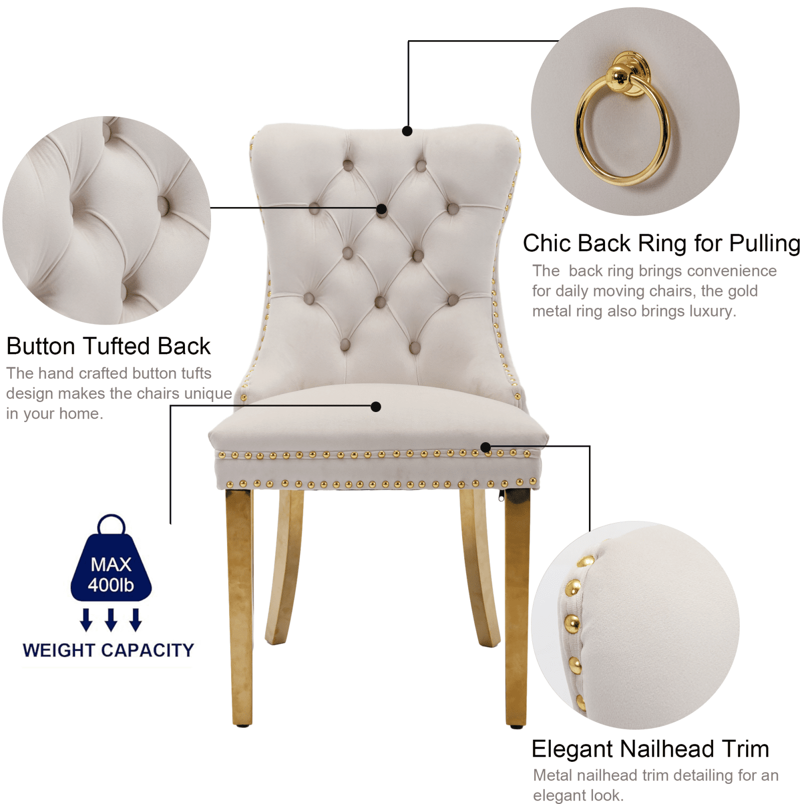 Dining Room Chairs with Velvet Fabric Dining Chairs with Golden Stainless Steel Plating Legs, Backrest and Button Velvet Fabric Design,Luxury Home Furniture for Dining Room(Beige Set of 6)