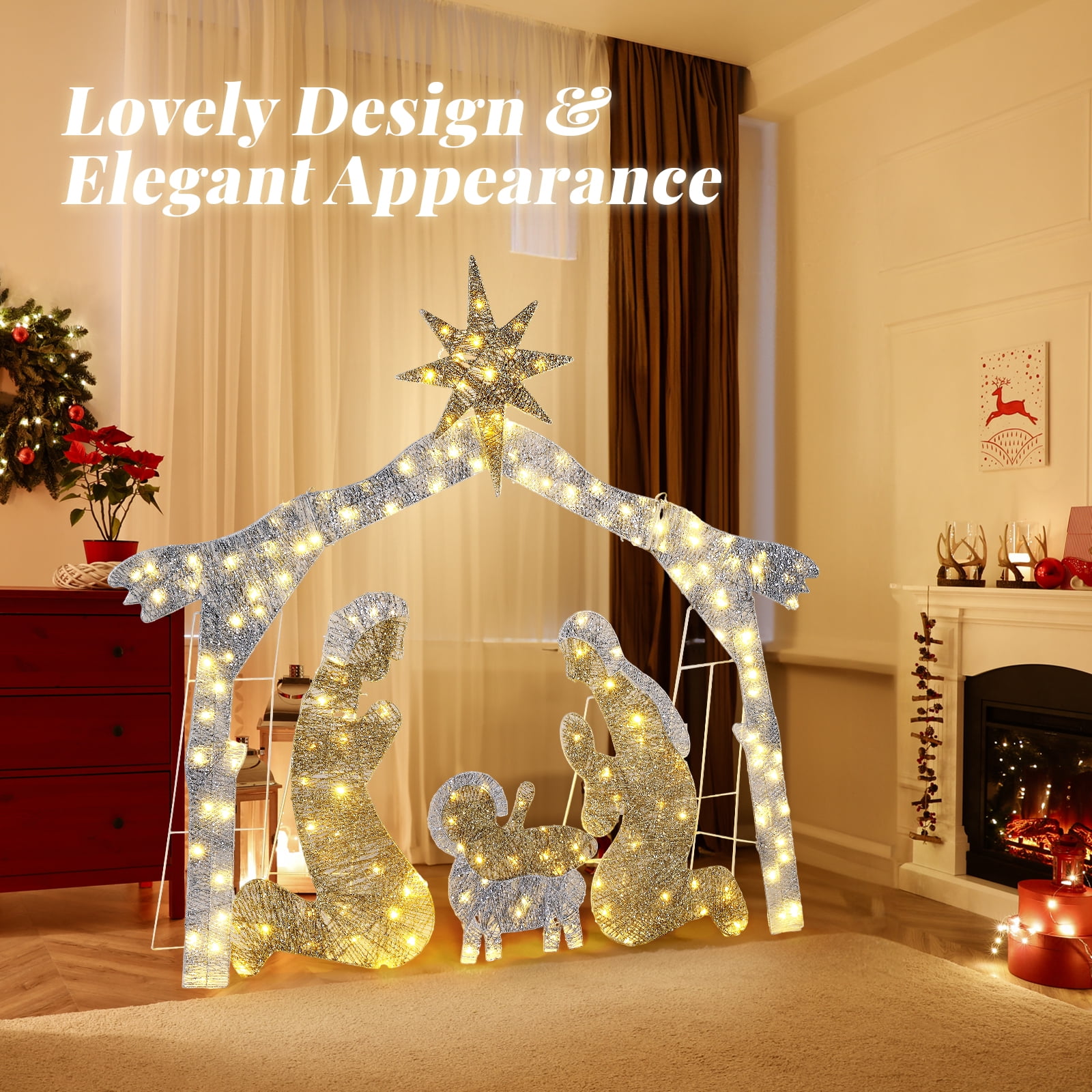 6ft Christmas Nativity Scene Decoration Silver Roof with 190 LED Lights Durable Garden Jesus Mary Joseph Set Easy-Install Reusable Outdoor Holiday Decor