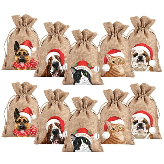 WIRESTER 10 Pieces Gift Bags Christmas Drawstring Bag Christmas Linen Fabric Drawstring Bag Washable Xmas Bag for Candy Wrapper Christmas Party Favor - Dog Cat With Christmas Hat