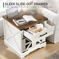 thumbnail image 5 of White Farmhouse End Table with Charging Station, 24" Large Sofa Side Table with Drawer, Large End Table for Living Room, Wooden Nightstand with Outlet, Square, White and Walnut, 5 of 9