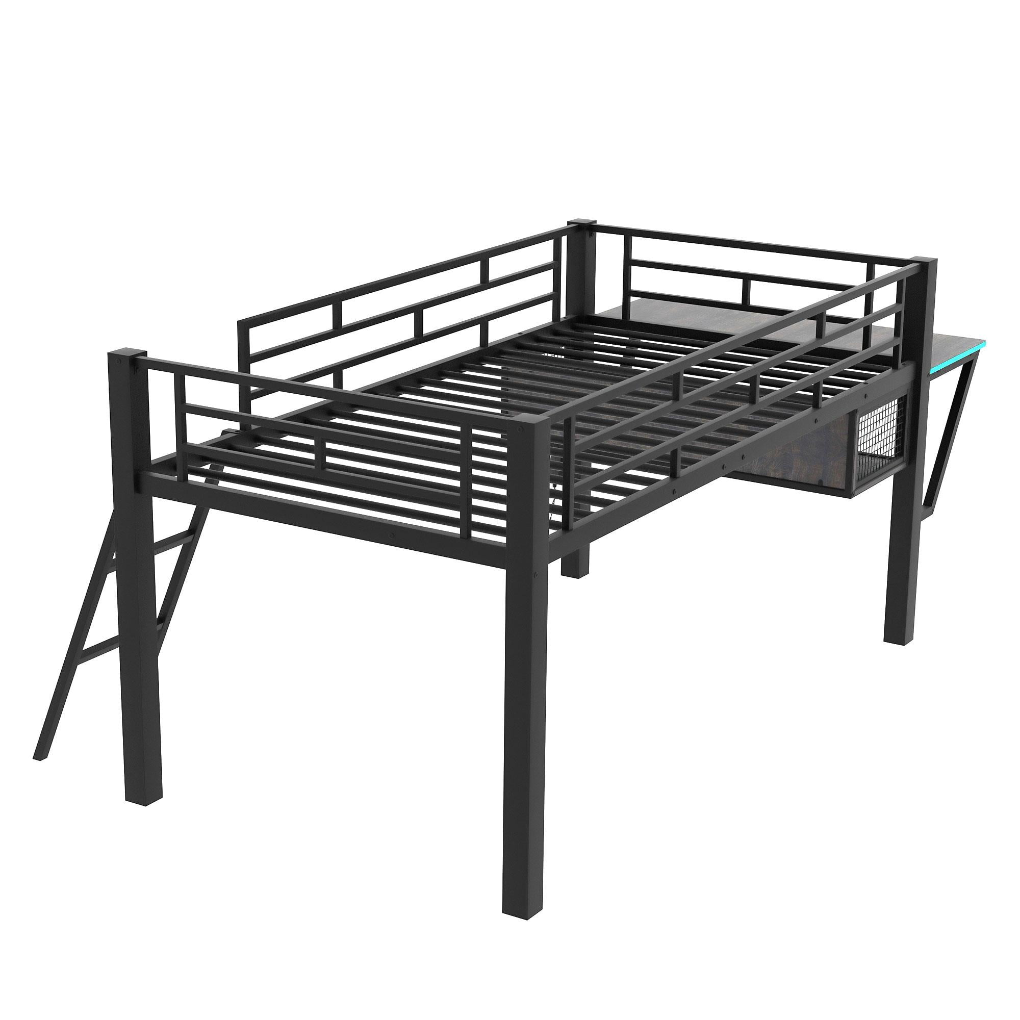 Mid-level loft playard with desk, LED light and single bed, featuring integrated TV table platform storage for furniture, toys or a play chair. Black