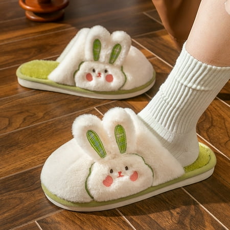 

PhoneSoap Women s Rabbit Wool Slippers Autumn And Winter Cute Net Red Plus Velvet Non Slip Home Soft Bottom Cotton Slippers Green