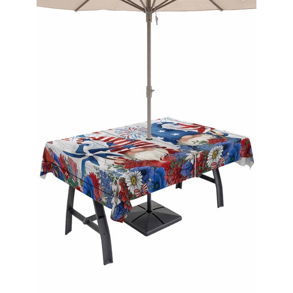 Outdoor Tablecloth with Umbrella Hole for Patio/Picnic/Party/Camping, Independence Day Gnomes Waterproof Table Cloth Rectangle Table Cover Washable, Red Blue Floral Gray Wood (54"x 80")