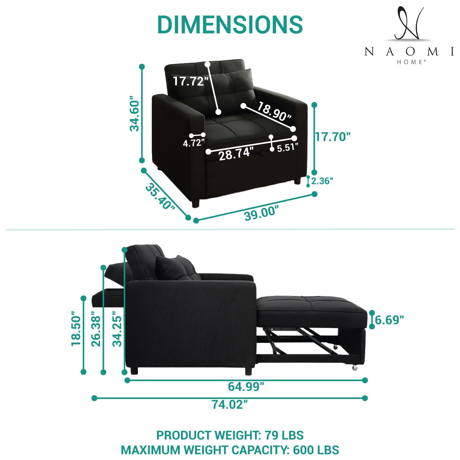Convertible Sleeper Chair Bed, 3 in 1 Convertible Sleeper Sofa Bed, Linen Convertible Ottoman Bed, Adjustable Backrest, Modern Sleeper Chairs for Adults for Living Room -Color: Black, Fabric: Linen