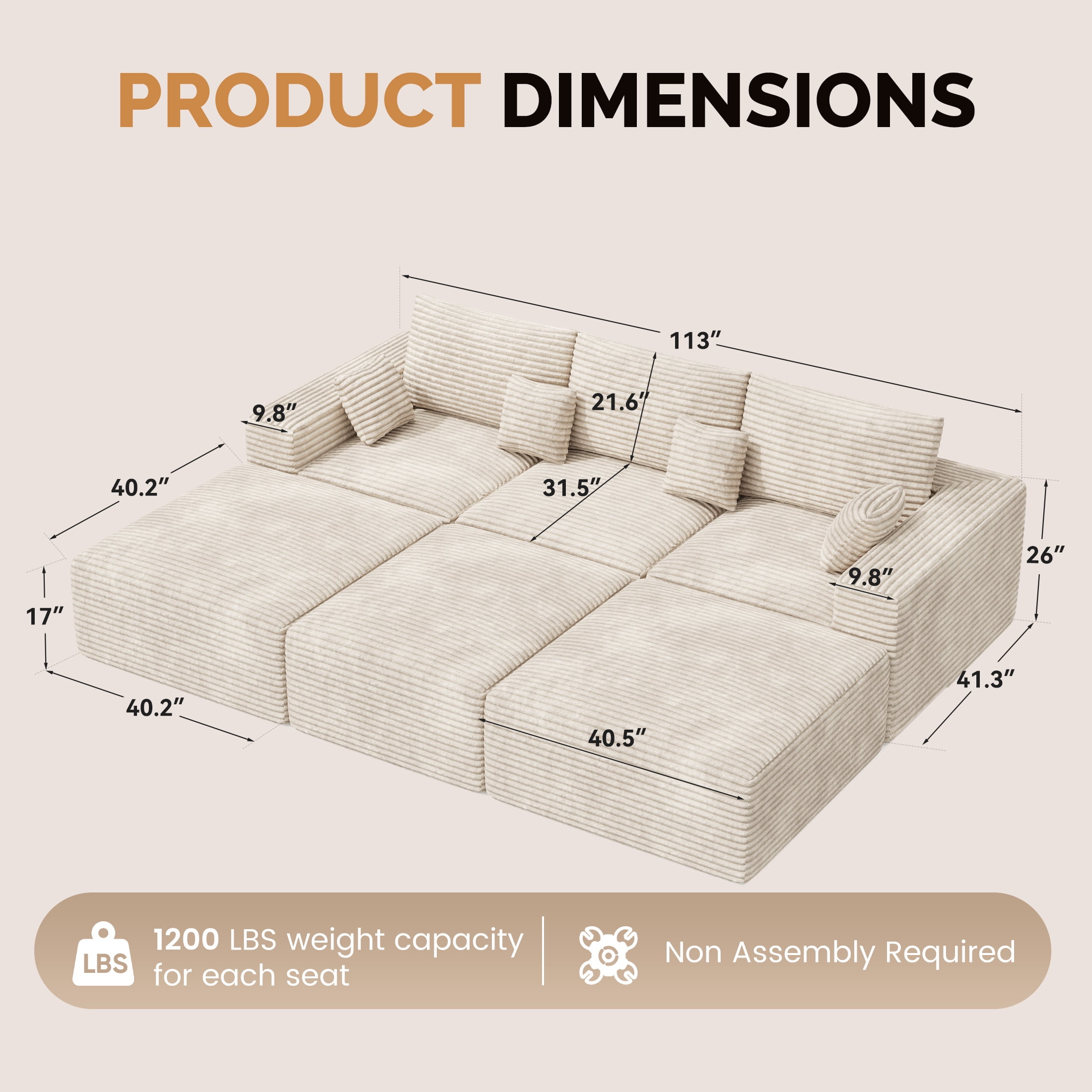 Daluvenix 113" Modern Modular Sectional Sofa Bed 6 Seater Boneless Couch Sofas Set Convertible Corduroy Cloud Couches for Living Room