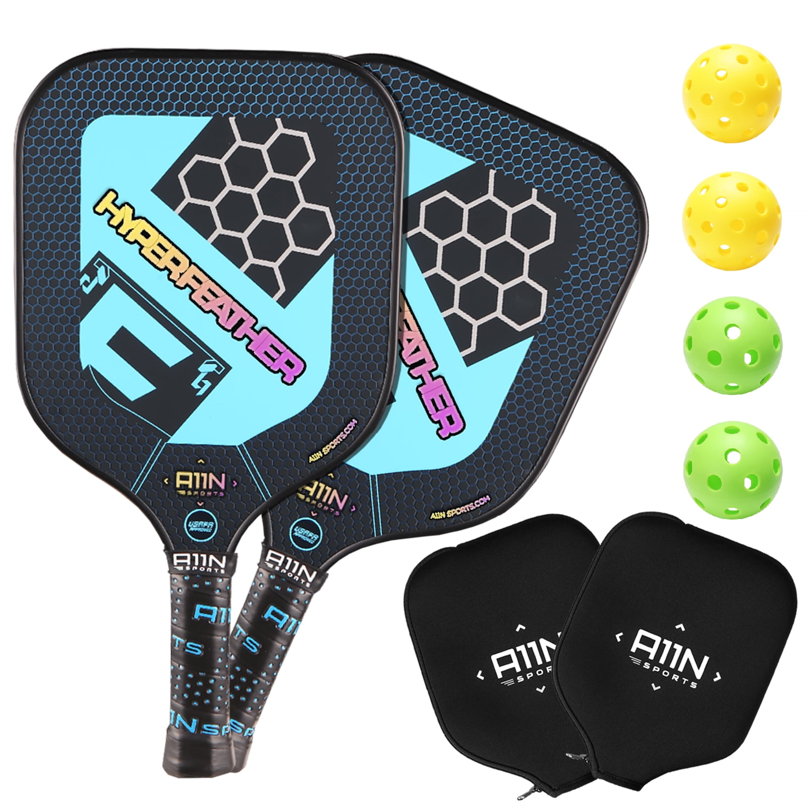Family Pickleball Set A11N HyperFeather R & JR Pickleball Paddles Set of 4 Rackets with 4 Outdoor Balls and 1 Backpack 