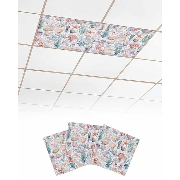 Fluorescent Light Covers for Ceiling Lights 3 Pack, Colorful Coastal Magnetic Ceiling Light Covers 2x4ft for Classroom Office School, Nautical Summer Beach Coral Shell Drop Ceiling Light Shade