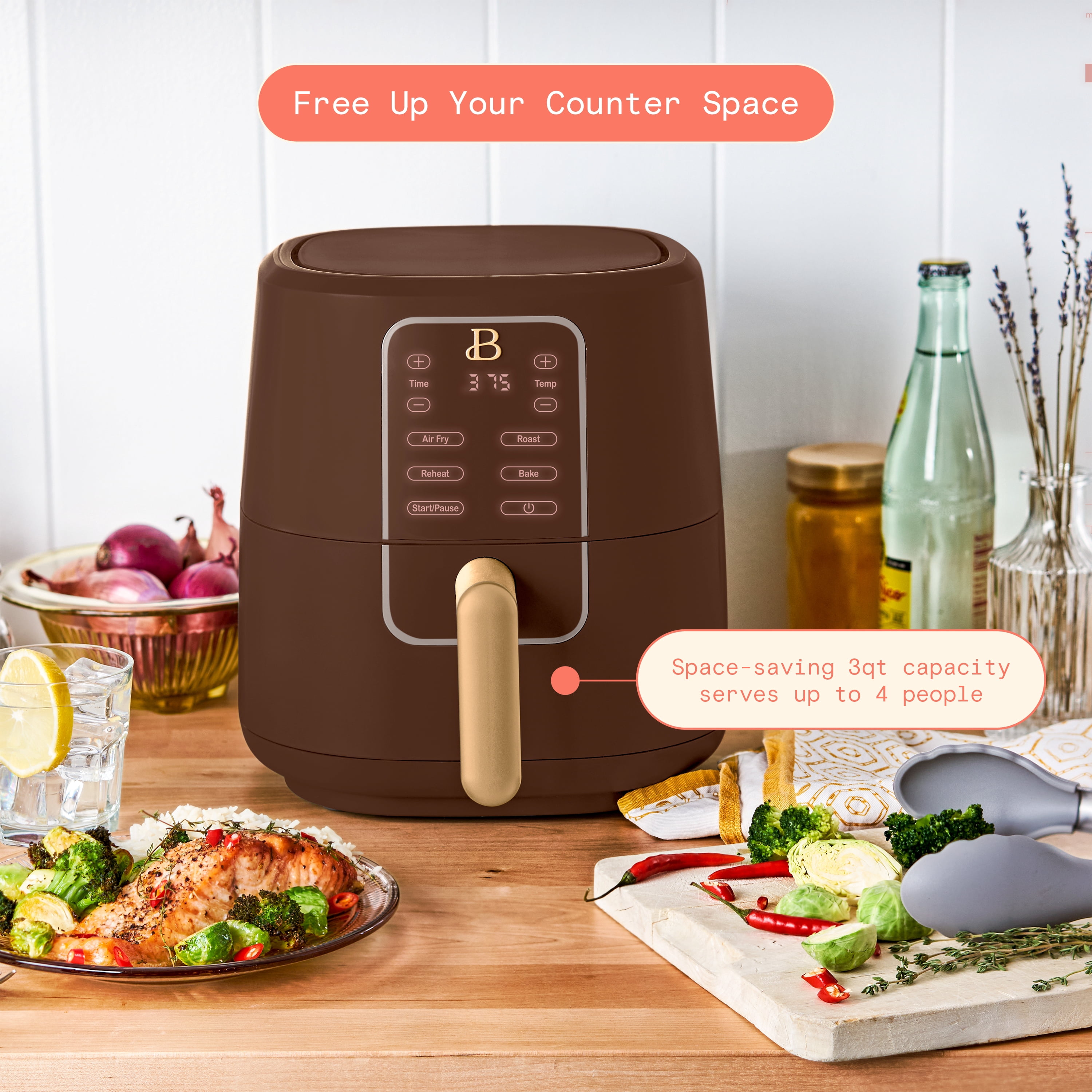 Beautiful 3 Qt Air Fryer with TurboCrisp Technology, EverGood Non-Toxic Ceramic Nonstick Coating, Chocolate by Drew Barrymore