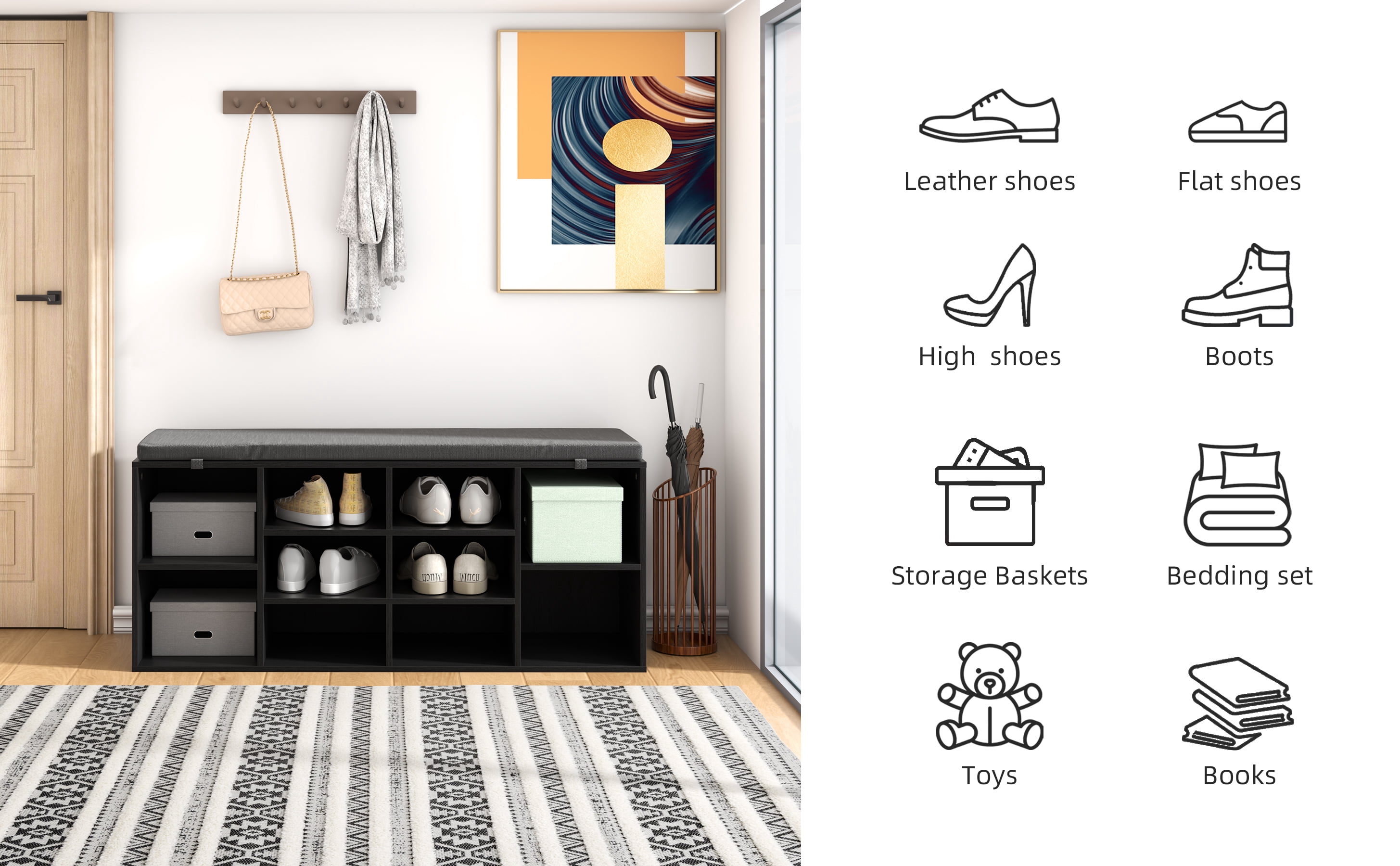 Shoe Storage Bench, 10 Cubbies Storage Rack Bench with Padded Seat, Space Saving Shoe Shelf for Entryway, Living Room, Hallway, Bedroom,Black