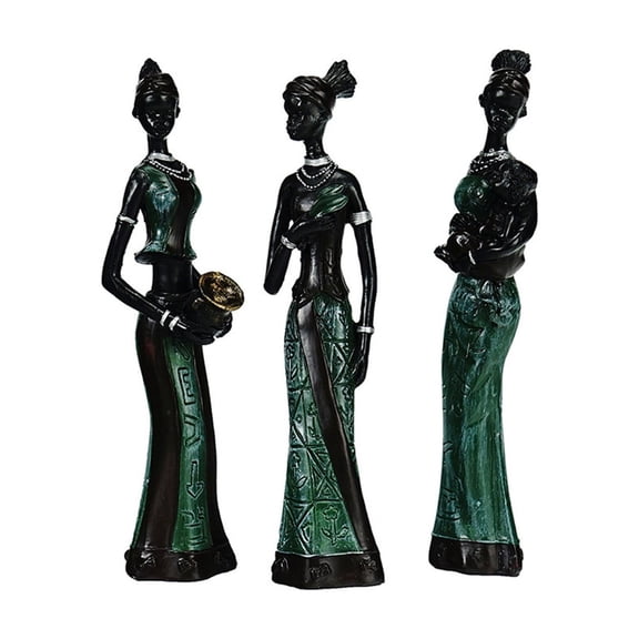 Vintage African Statue, 3-Pack Green Resin Figurines African American Art Decor, Hand Sculpted Lady Figurine for Home Decor, Bookshelf Mantel Decor
