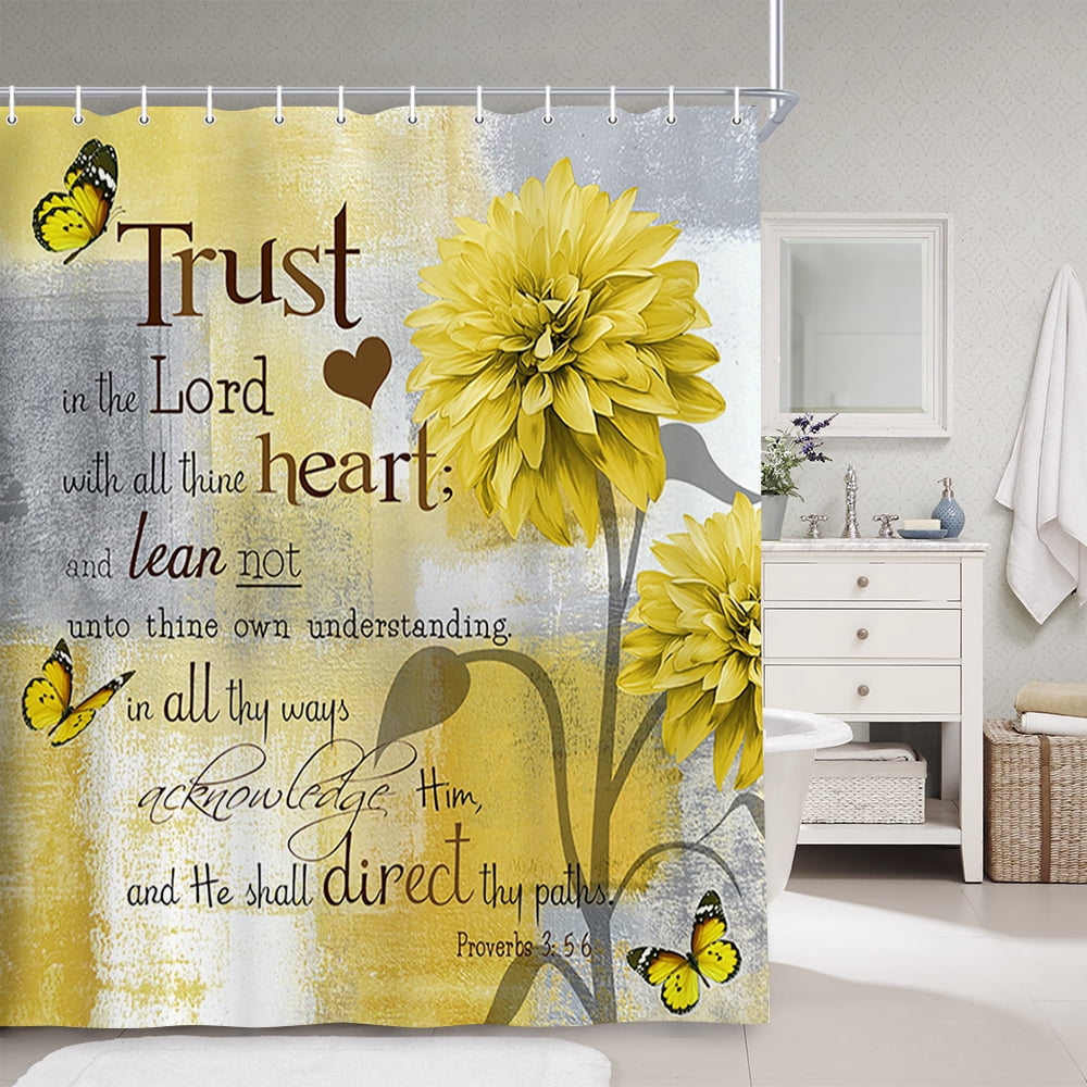 Yellow and Grey Floral Shower Curtain, Rustic Farmhouse Watercolor Dahlia Flower Bathroom Curtains, Modern Minimalist Bible Verse Inspirational Quote Fabric Bathroom Accessories with Hooks, 72X72in