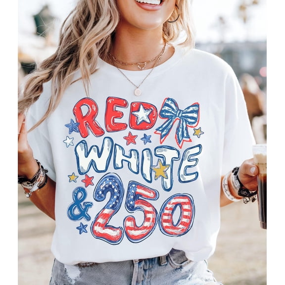 Red White & 250 Patriotic 4th of July T-Shirt, USA 250th Anniversary Graphic Tee, Unisex Short Sleeve Cotton Shirt
