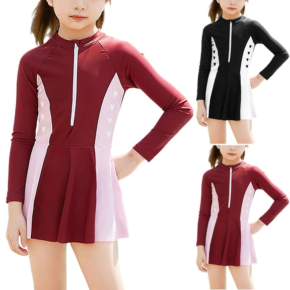 Mceream Girls One Piece Swimsuits Long Sleeve Zipper Front Swim Dress Teens Quick Dry Swimwear Print Crew Neck Rash Guard Bathing Suits 5-12 Years