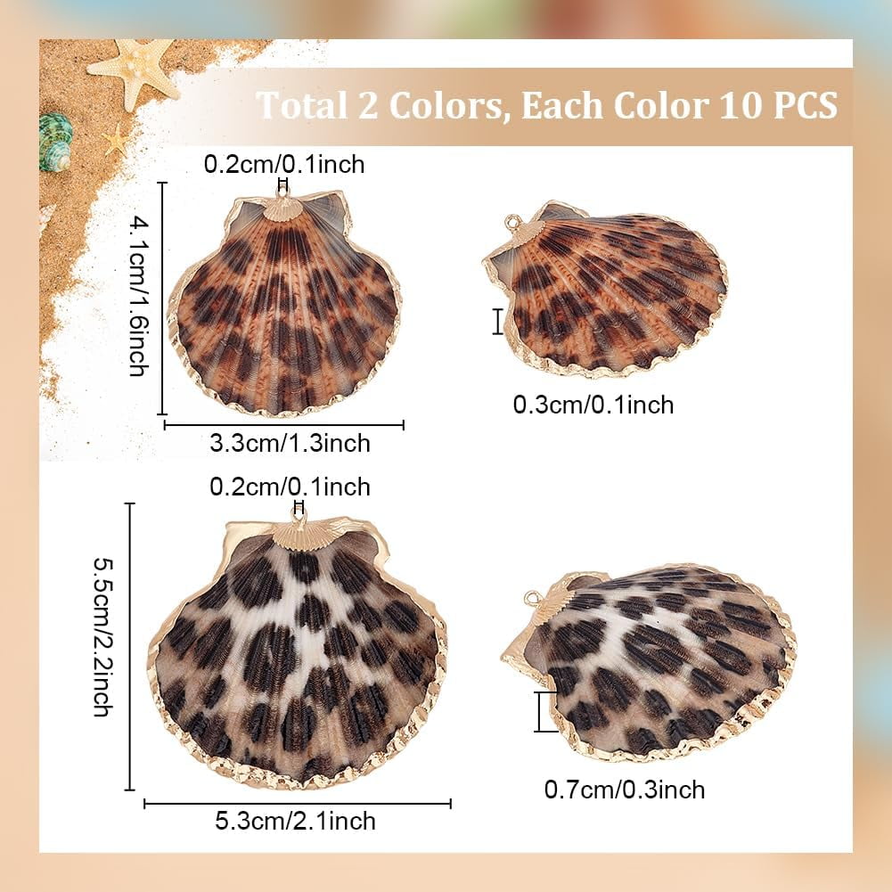 20pcs Leopard Seashell Pendants Scallop Shell Pendant 2 Colors Leopard Print Charms Clam Shell Pendants Ocean Beach Dangle Beads for Earrings Bracelets Jewelry Crafts Making 33~53mm 1set