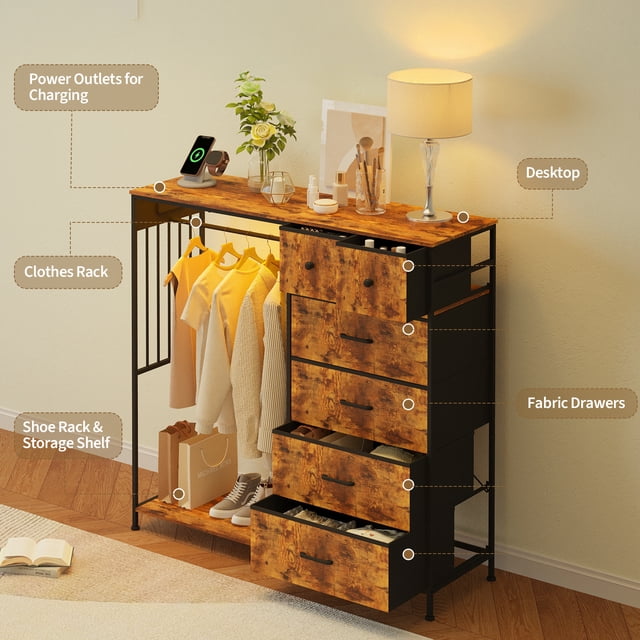 EDTara Grande Tour de Rangement pour Chambre, Commode de 49,2 Pouces avec Tringle, Lumières DEL, Station de Recharge et 6 Tiroirs