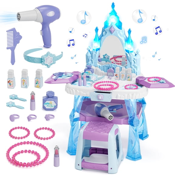 KWANITHINK Kids Vanity Table and Chair Set, Toddler Vanity with Light-Up Mirror, Music & Quiet Light Mode, Pretend Hair Dryer, Princess Dress Up Makeup Table Toy for Girls Ages 3 , Blue