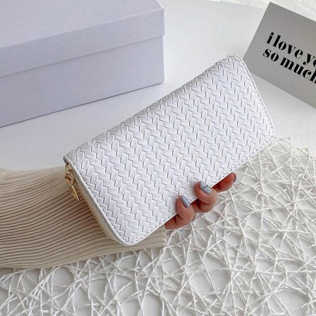 Cartera de moda para mujer, bolso de mano con cremallera larga, cartera tejida, monedero