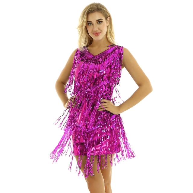 renvena Robe Mini pour Femmes à Paillettes Brillantes avec Franges en Similicuir à Col en V Sans Manches Tenue de Danse Samba Rose G