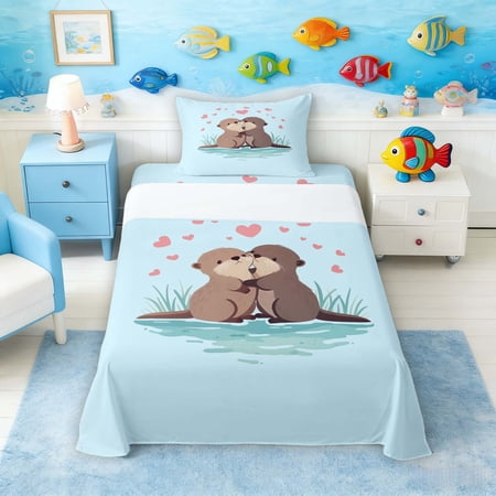 Manfei Cartoon Otter Couple Love Heart Twin Sheet Sets for Kids Boys and Girls Animal Print Bedding 3pcs 1 Flat Sheet 1 Fitted Sheet and 1 Pillowcase
