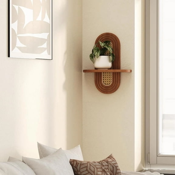 Wooden Arched Floating Shelf, Natural Wood Shelves, Boho Rattan Wall-Mounted Shelf for Bedroom, Living Room, Bathroom, Nursery and Home Office, Decorative Book and Plant Display (Natural Wood Color)