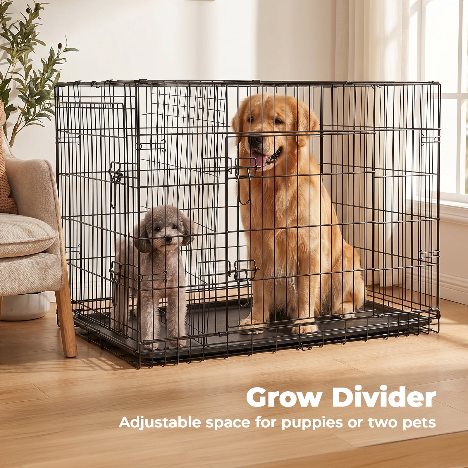 Alvantor 36-48 Inch Double Door Dog Crate - Heavy Duty Foldable Metal Cage with Divider, Removable Tray & Enhanced Safety Design for Large Dogs, Black