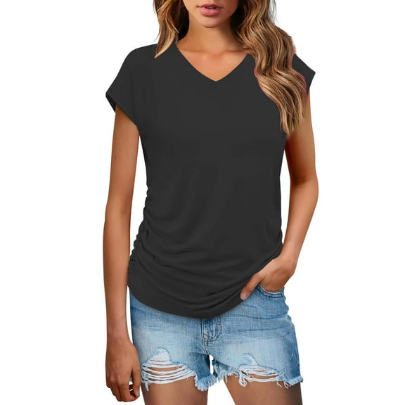 Women's V Neck Cap Sleeve Top Side Ruched Detail Stretchy Soft Tshirt Feminine Slim Fit Casual Summer Blouse
