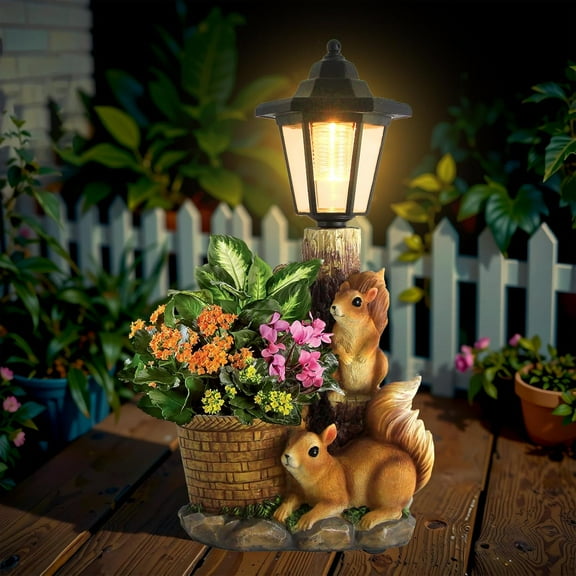 Solar Squirrel Garden Statues - Flowerpot Decor with Solar Lantern, Perfect for Yard, Lawn, Porch, Patio & Balcony, Great Birthday Gift for Women & Mom