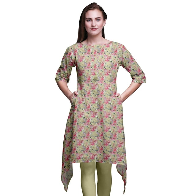 Bimba Hauts Beige à Imprimé Floral Renoncules et Roses pour Femmes Kurti Asymétrique Robe d'Été pour Filles Petit