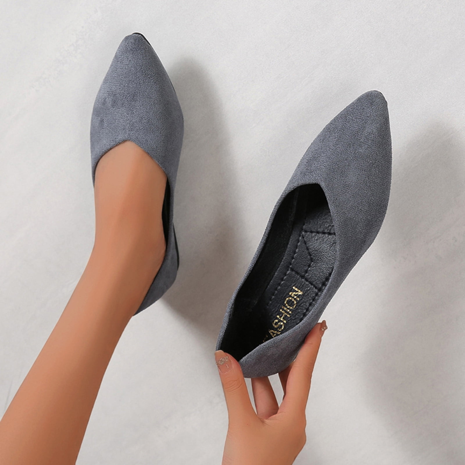 Women Shoes Fashion Solid Color Suede Pointed Toe Casual Shoes Shallow Flat Shoes Grey 8