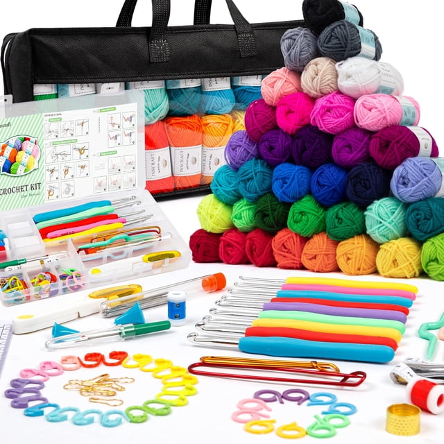 Juego de crochet con hilo de 113 piezas, hilo surtido de 1600 yardas, juego de accesorios de ganchillo de 73 piezas que incluye ganchos ergonómicos, agujas de tejer y más, kit ideal para principiantes