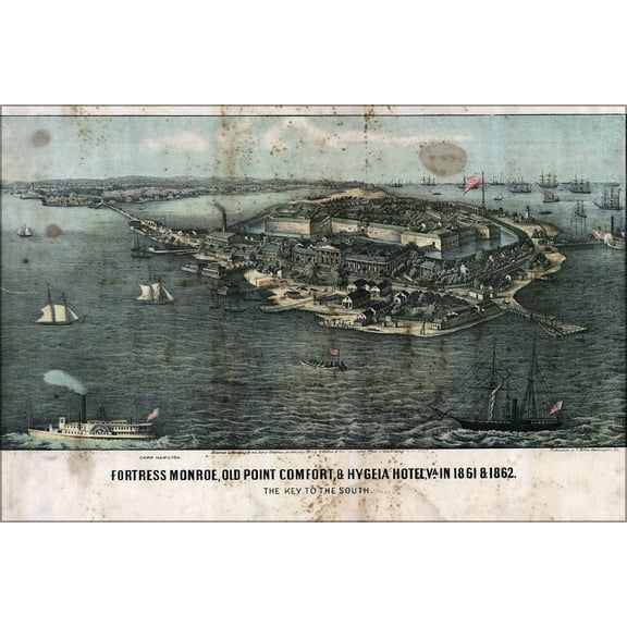 24"x36" Gallery Poster, birdseye view map Fort Monroe, Old Point Comfort, & Hygeia Hotel, Virginia in 1861 & 1862