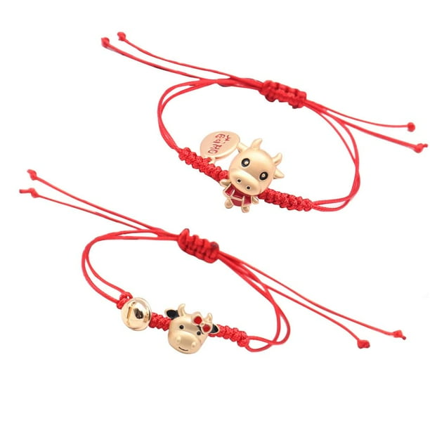 Pulsera Roja Vaca Encanto Pulsera Ajustable Nudo Rojo Cuerda Pulsera Amuleto Protección Vaca De La Suerte Año Nuevo Pulsera Trenzada Roja 2 Uds Minnieouse AP005568-00