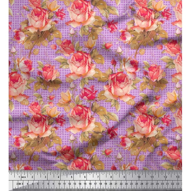 Soimoi Poly Georgette Fabric Check,Leaves & Rose Floral Print Sewing Fabric Yard 52 Inch Wide
