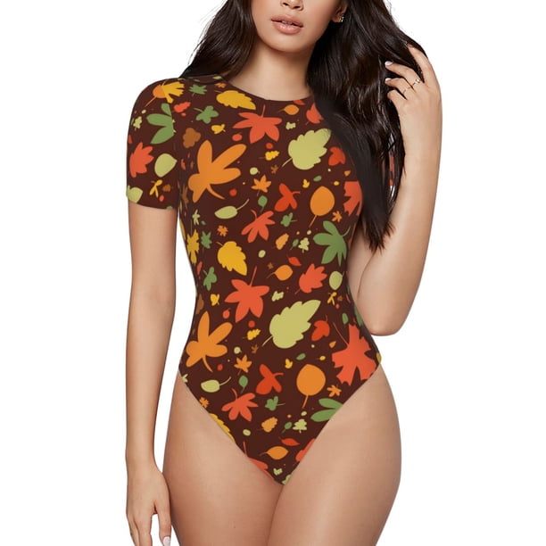 Balery Autumn Leaves Body de cuello redondo de manga corta para mujer Tops de manga corta Tops básicos-X-Large