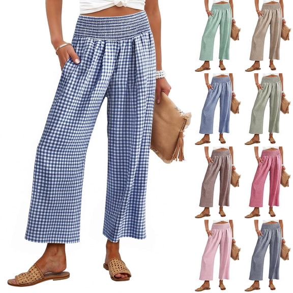 Women's Gingham Plaid Wide Leg Palazzo Pants Elastic High Waist Cropped Lounge Trousers with Side Pockets for Casual Daily Wear Blue M