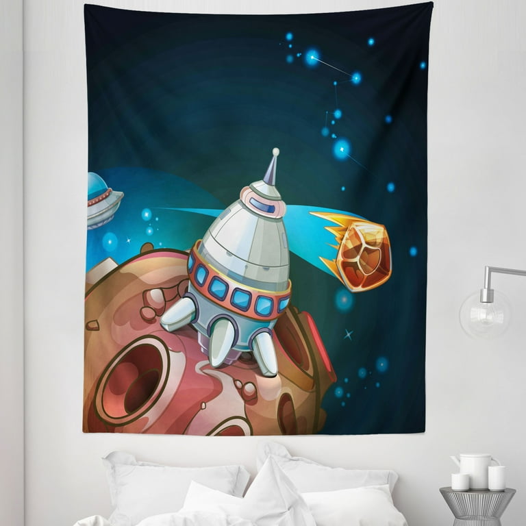 Cartoon Tapestry, Spacecraft Planets Outer Space Theme Rocket