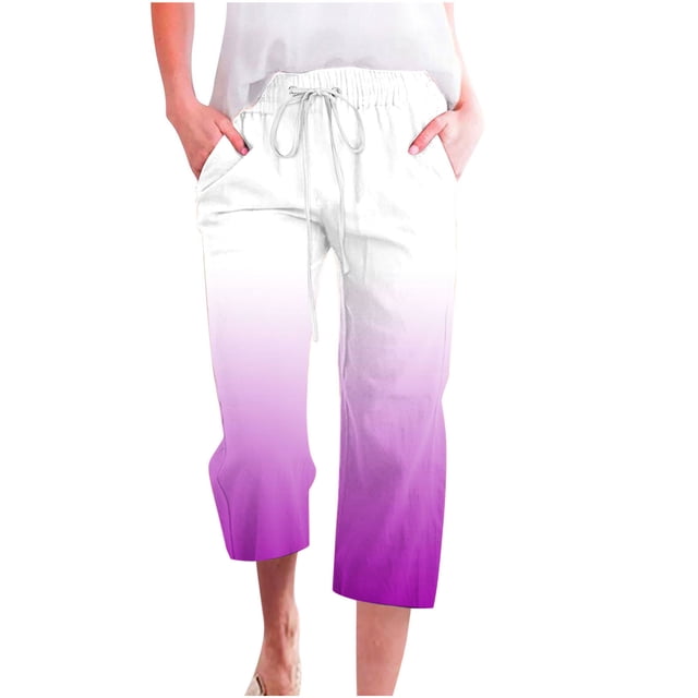 Plebaso Capri Pants for Women 2025 Drawstring Wide Leg Cropped Trousers Summer Gradient Color Casual Pants