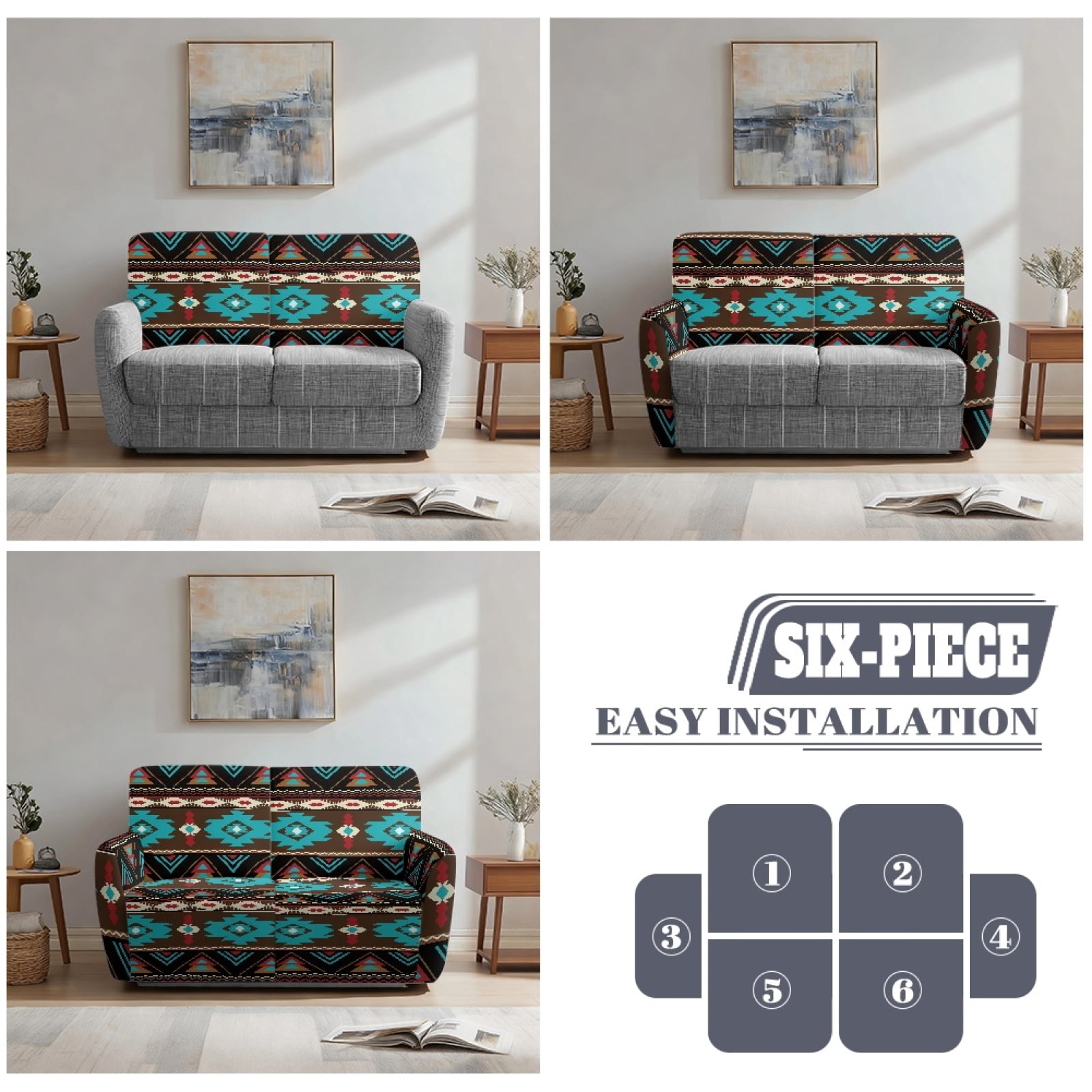 Xoenoiee Aztec American Tribal Print Stretch Loveseat Recliner Covers 6-Piece Recliner Sofa Covers with Pockets Jacquard Reclining Couch Covers Furniture Protector with Elastic Bottom