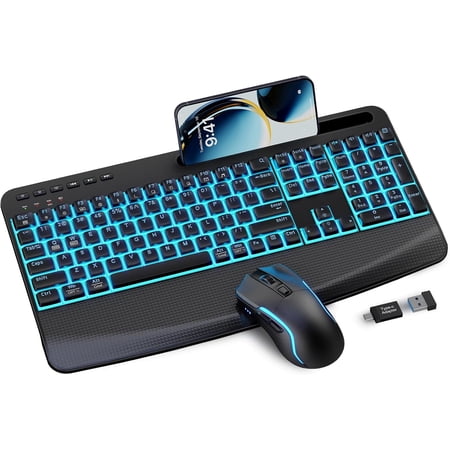 Rechargeable Backlit Wireless Keyboard and Mouse Combo, Ergonomic with Wrist Rest & Phone Holder, Silent for Windows/Mac/Chrome OS - Black