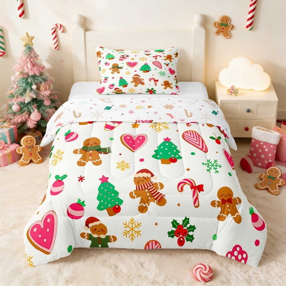 Manfei Christmas Twin Comforter Sets Icon Bedding Set, Teal White 2 Pieces 1 Comforter and 1 Pillowcase, Xmas Reversible