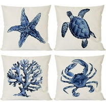 Sea Life Coastal Throw Pillow Covers 18x18 Inch Starfish Turtle Crab Coral Indigo Blue Summer Beach Ocean Nautical Outdoor Decorations Decorative Throw Pillows Cases Set of 4 for Couch Decor