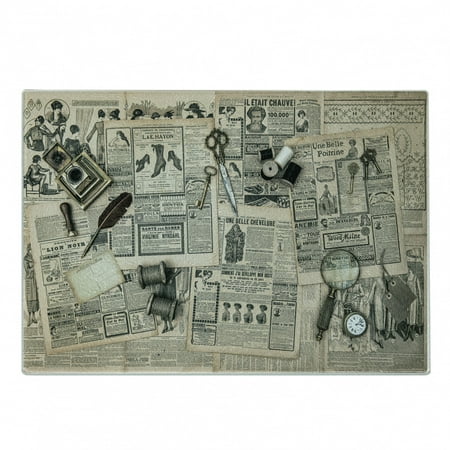 

Clock Cutting Board Antique Accessories Design Old Fashion Magazine Sewing and Writing Tools Print Decorative Tempered Glass Cutting and Serving Board Small Size Beige and Black by Ambesonne