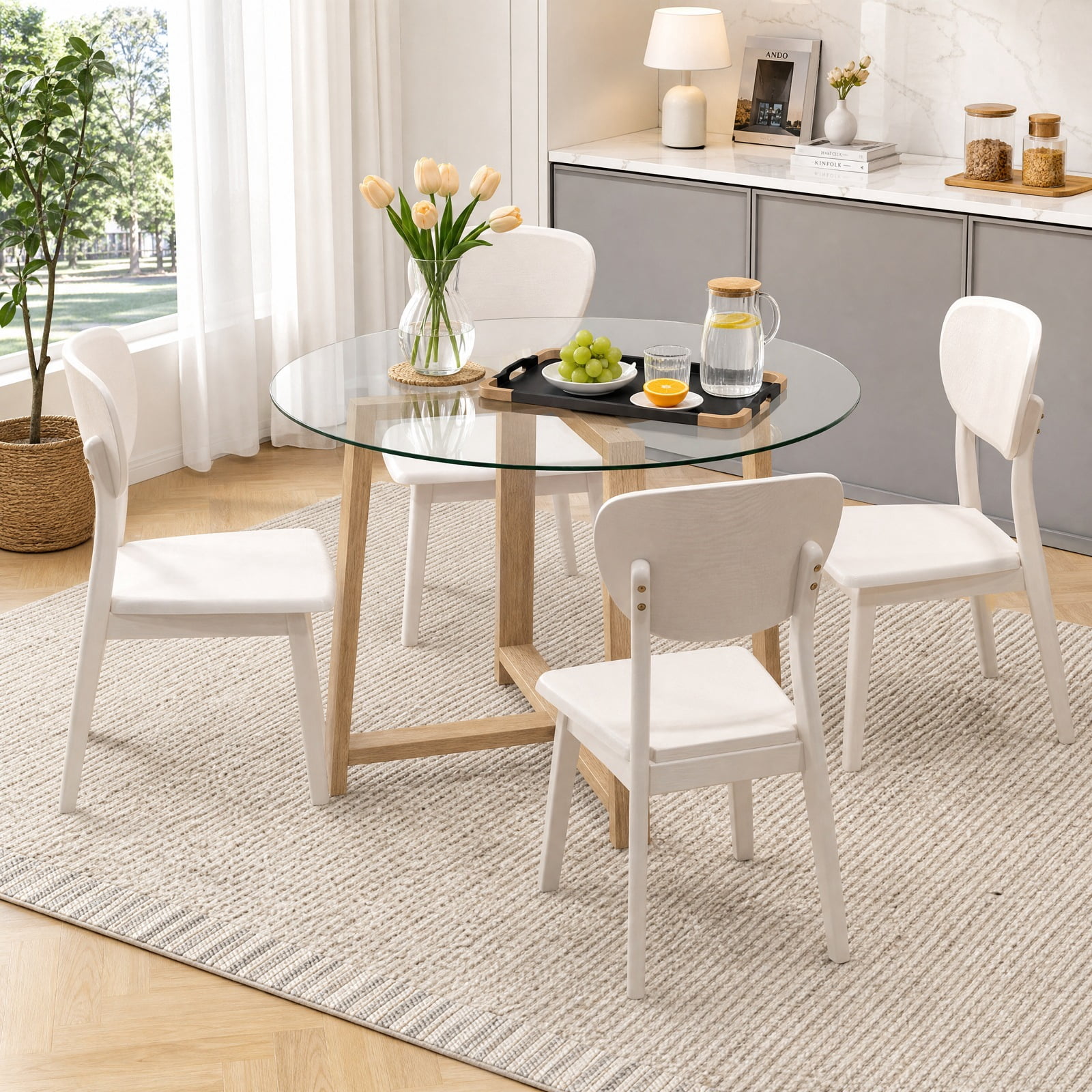 Furnibear 42 Inch Round Glass Dining Table for 4 to 6 with Tempered Glass Top and Rubber Wood Legs for Kitchen and Dining Room, Natural