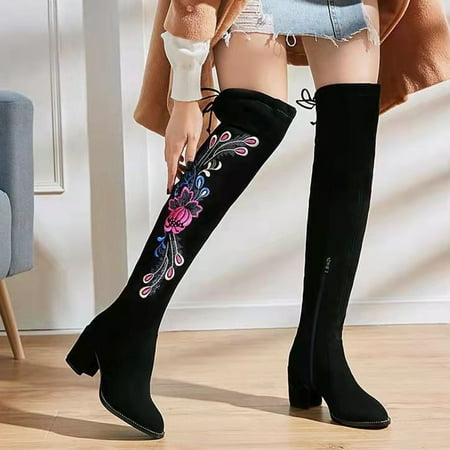 

Autumn And Winter 2022 New Women s Shoes Round Head Embroidery Side Zipper Thick Heel Retro Elastic High Heel Suede Boots