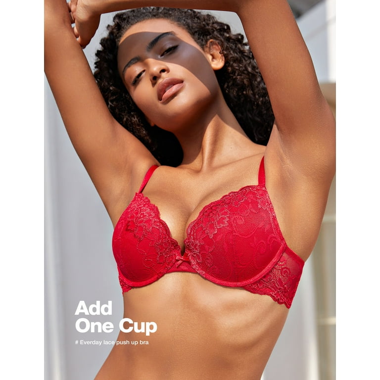 Deyllo Women's Sexy Lace Push Up Padded Plunge Add Cups Underwire Lift Up  Bra, Orange 38B