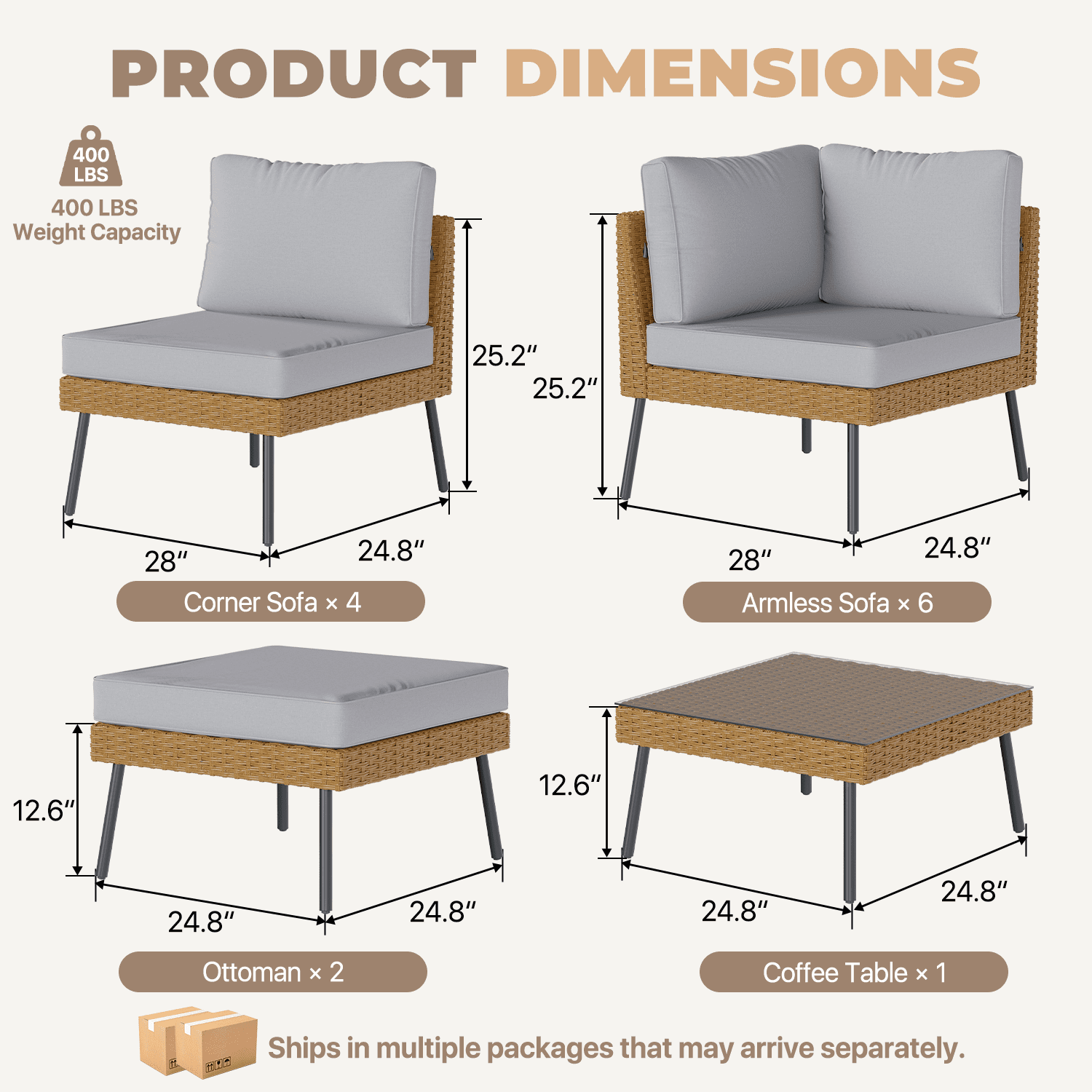 BaPiPro 13-Piece Outdoor PE Rattan Sectional Sofa Set, All-Weather Patio Conversation Set with Cushions & Tempered Glass Coffee Table, Suitable for Courtyard, Backyard and Garden, Grey