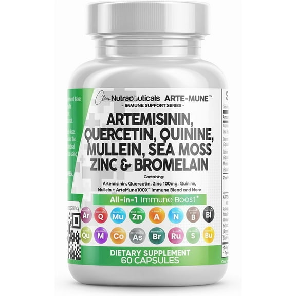 Clean Nutraceuticals Artemisinin Quercetin Zinc Mullein Quinine Supplement with Sea Moss Bromelain Ashwagandha Root Nettle Leaf Bladderwrack Burdock Root Monolaurin Colostrum Rutin