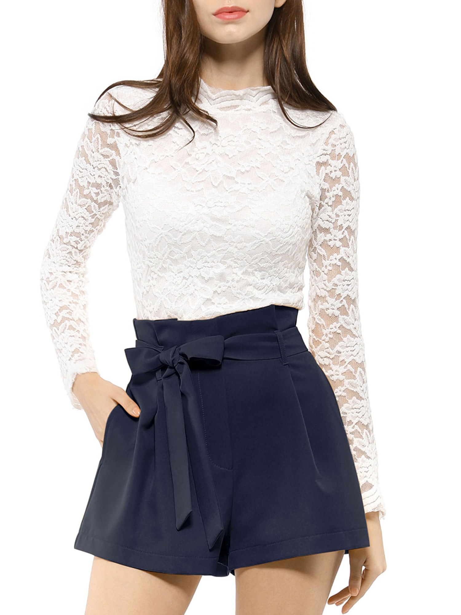 DARING DIVA Women's Bow Tie High Waist Short Paper Bag Shorts L Navy Blue