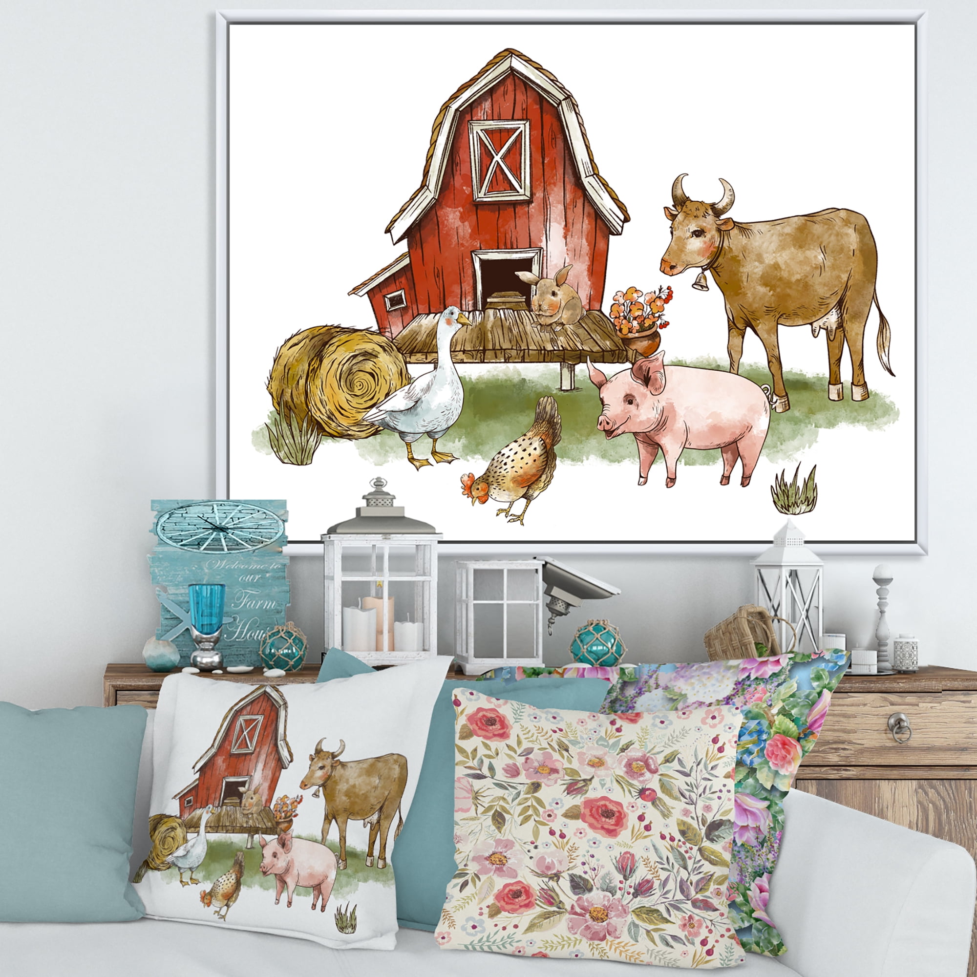 Designart 'Farm House With Goose Cow Pig Chicken and Haystack' Rustic Framed Canvas Wall Art Print