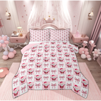 Manfei Kawaii Santa Claus Queen Comforter Set for Teen, Girly Pink Buffalo Bedding Sets, Cartoon Bowknot Christmas Reversible Bedding Comforter Set, Breathable Home Decor, 3pcs